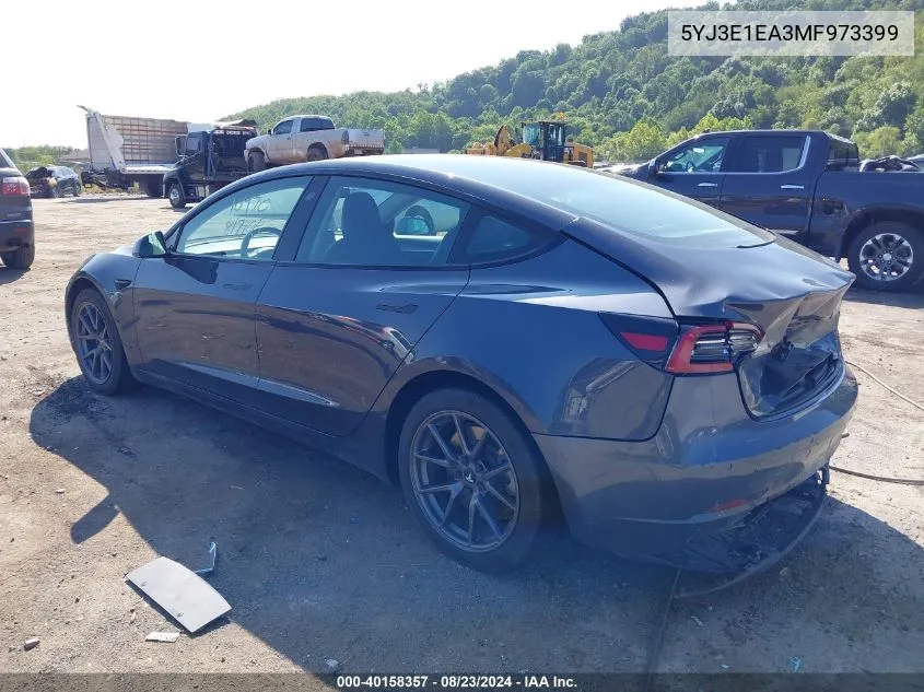 2021 Tesla Model 3 Standard Range Plus Rear-Wheel Drive VIN: 5YJ3E1EA3MF973399 Lot: 40158357