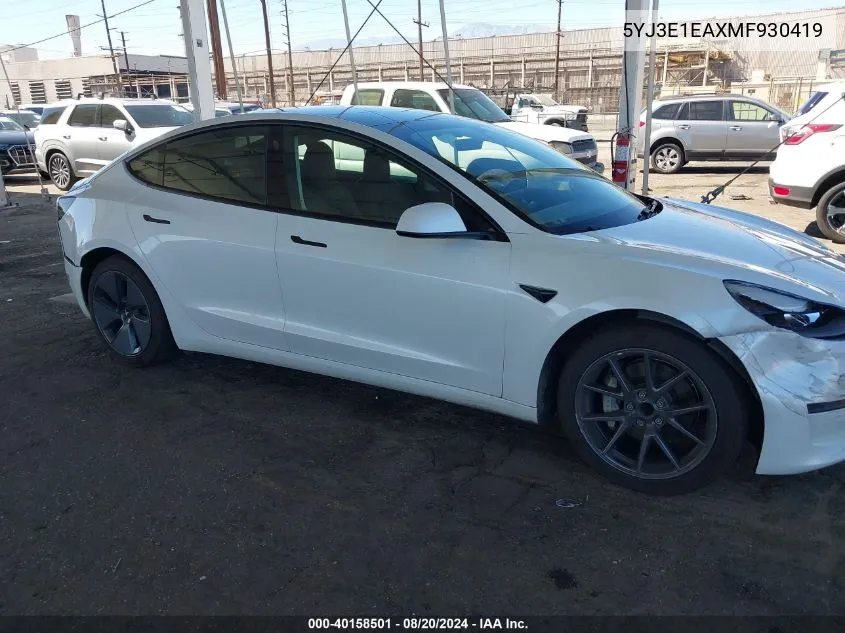 2021 Tesla Model 3 Standard Range Plus Rear-Wheel Drive VIN: 5YJ3E1EAXMF930419 Lot: 40158501