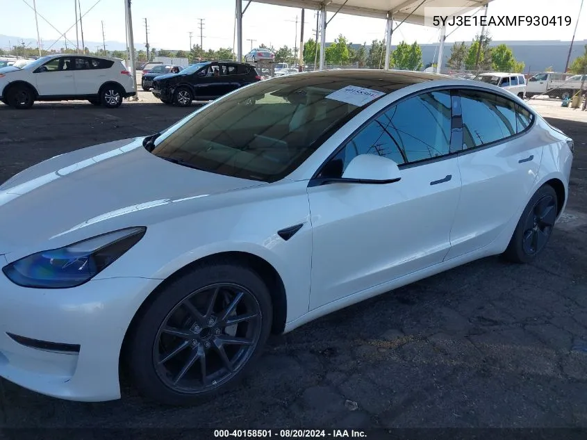 2021 Tesla Model 3 Standard Range Plus Rear-Wheel Drive VIN: 5YJ3E1EAXMF930419 Lot: 40158501