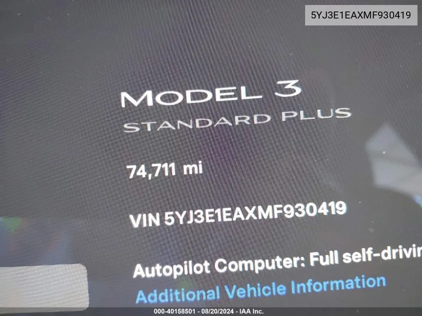 2021 Tesla Model 3 Standard Range Plus Rear-Wheel Drive VIN: 5YJ3E1EAXMF930419 Lot: 40158501