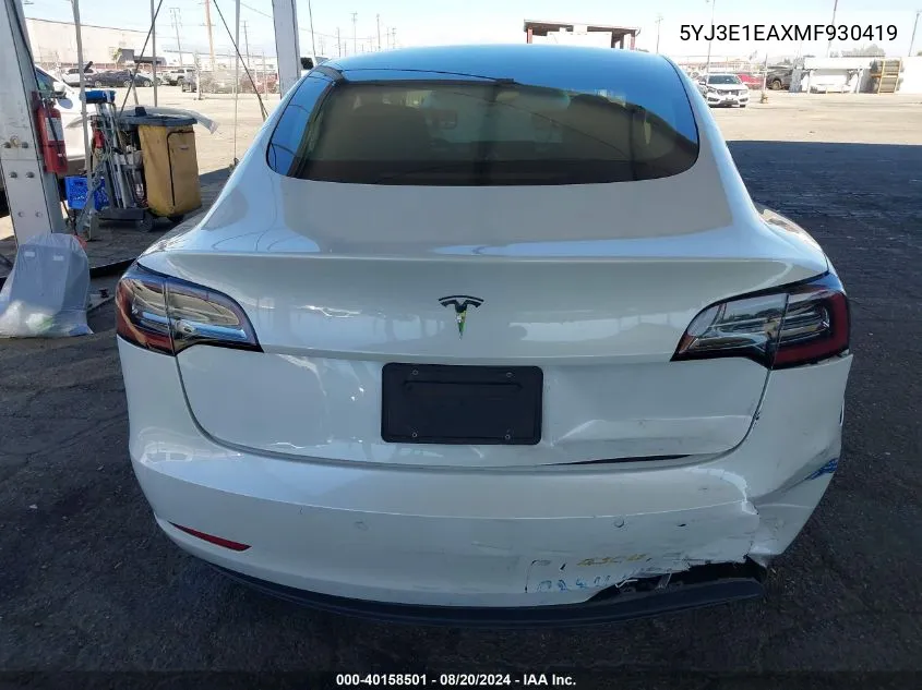 2021 Tesla Model 3 Standard Range Plus Rear-Wheel Drive VIN: 5YJ3E1EAXMF930419 Lot: 40158501