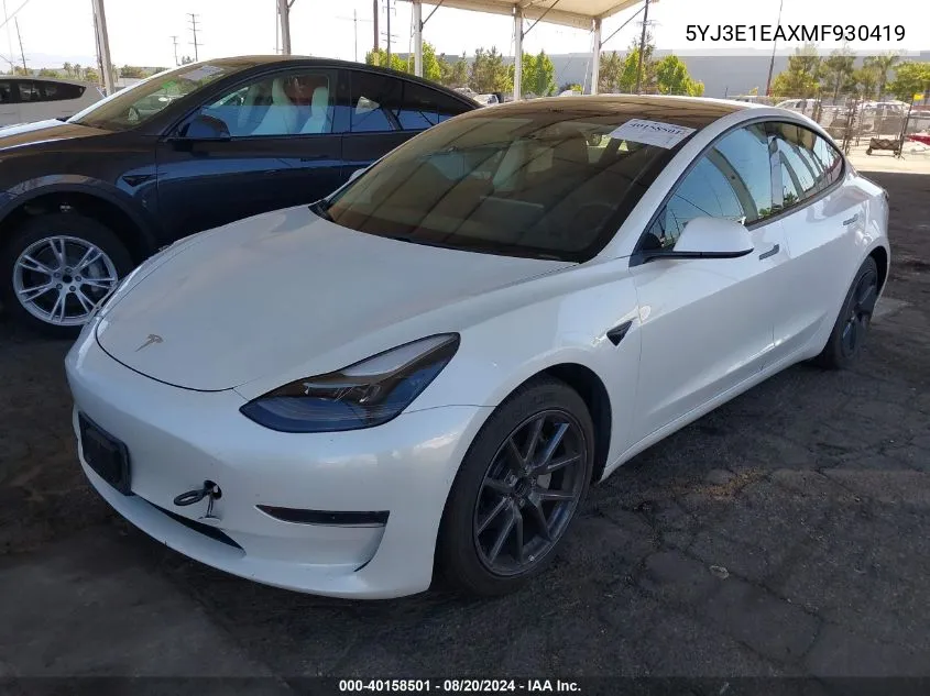 2021 Tesla Model 3 Standard Range Plus Rear-Wheel Drive VIN: 5YJ3E1EAXMF930419 Lot: 40158501