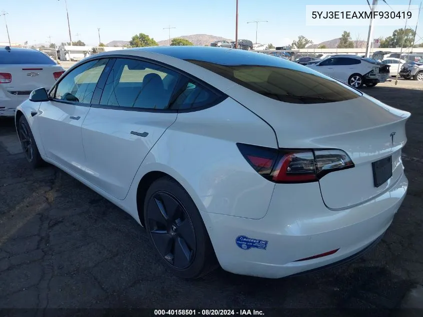 2021 Tesla Model 3 Standard Range Plus Rear-Wheel Drive VIN: 5YJ3E1EAXMF930419 Lot: 40158501