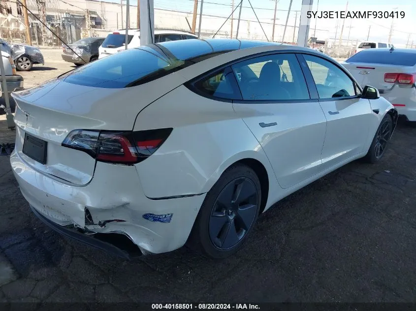 2021 Tesla Model 3 Standard Range Plus Rear-Wheel Drive VIN: 5YJ3E1EAXMF930419 Lot: 40158501