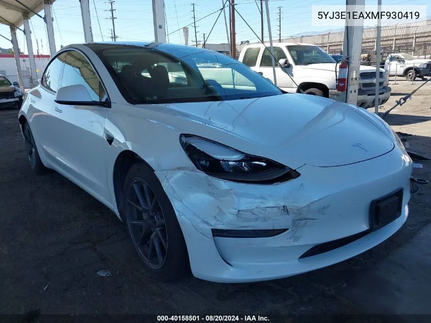 2021 Tesla Model 3 Standard Range Plus Rear-Wheel Drive VIN: 5YJ3E1EAXMF930419 Lot: 40158501