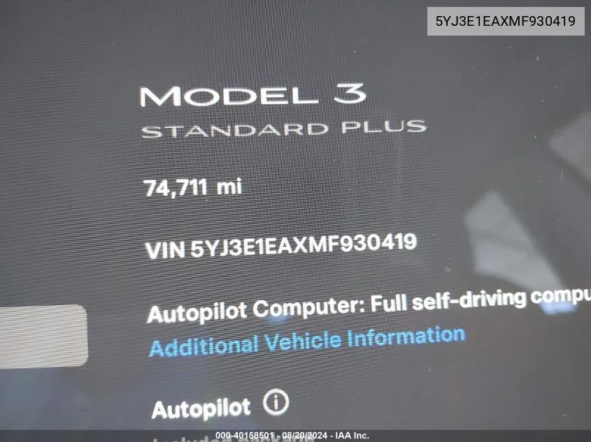 2021 Tesla Model 3 Standard Range Plus Rear-Wheel Drive VIN: 5YJ3E1EAXMF930419 Lot: 40158501