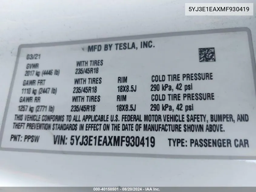 2021 Tesla Model 3 Standard Range Plus Rear-Wheel Drive VIN: 5YJ3E1EAXMF930419 Lot: 40158501