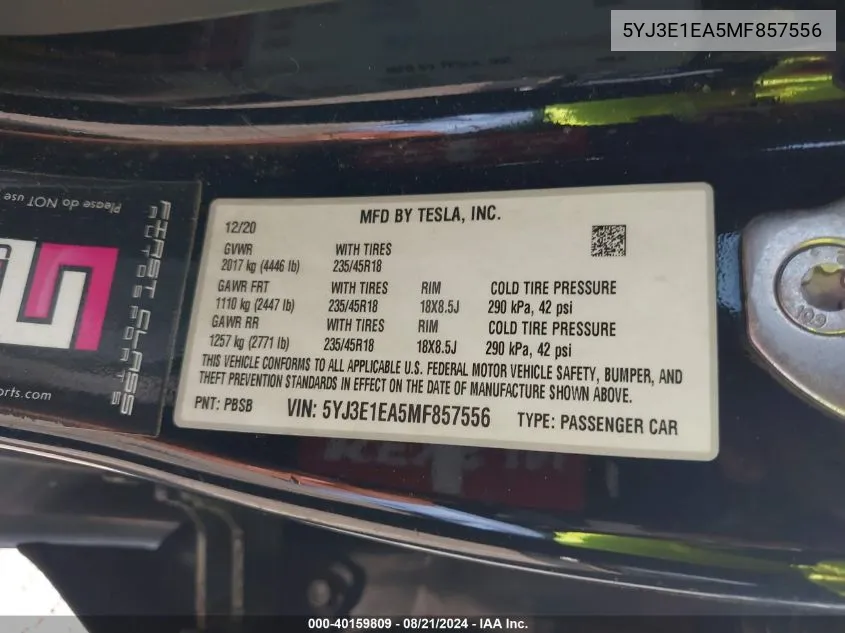 2021 Tesla Model 3 VIN: 5YJ3E1EA5MF857556 Lot: 40159809