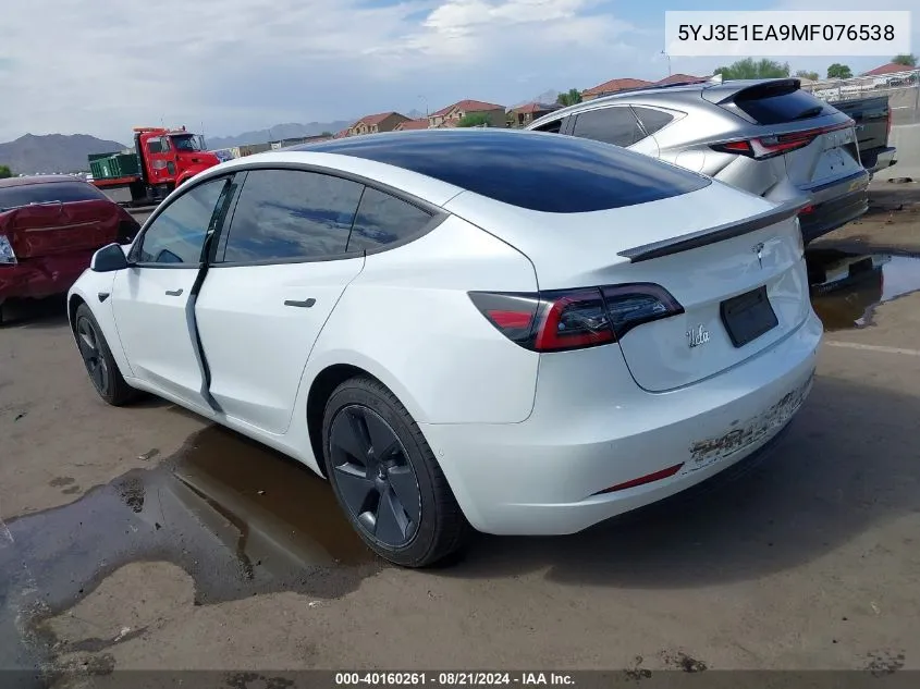 2021 Tesla Model 3 VIN: 5YJ3E1EA9MF076538 Lot: 40160261