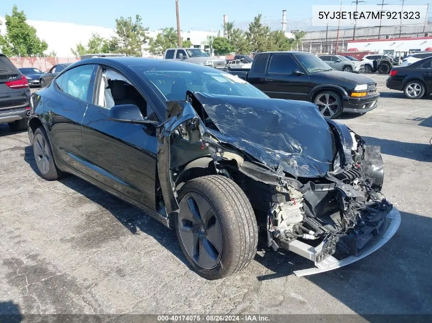 2021 Tesla Model 3 Standard Range Plus Rear-Wheel Drive VIN: 5YJ3E1EA7MF921323 Lot: 40174075