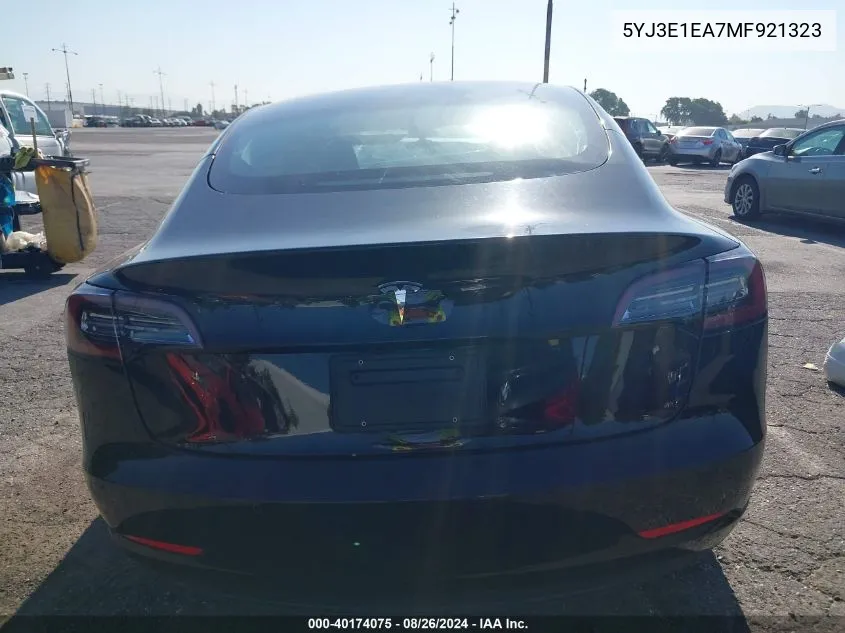 2021 Tesla Model 3 Standard Range Plus Rear-Wheel Drive VIN: 5YJ3E1EA7MF921323 Lot: 40174075