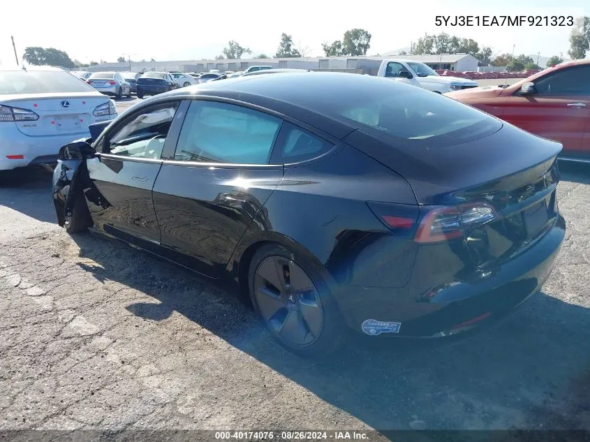 2021 Tesla Model 3 Standard Range Plus Rear-Wheel Drive VIN: 5YJ3E1EA7MF921323 Lot: 40174075