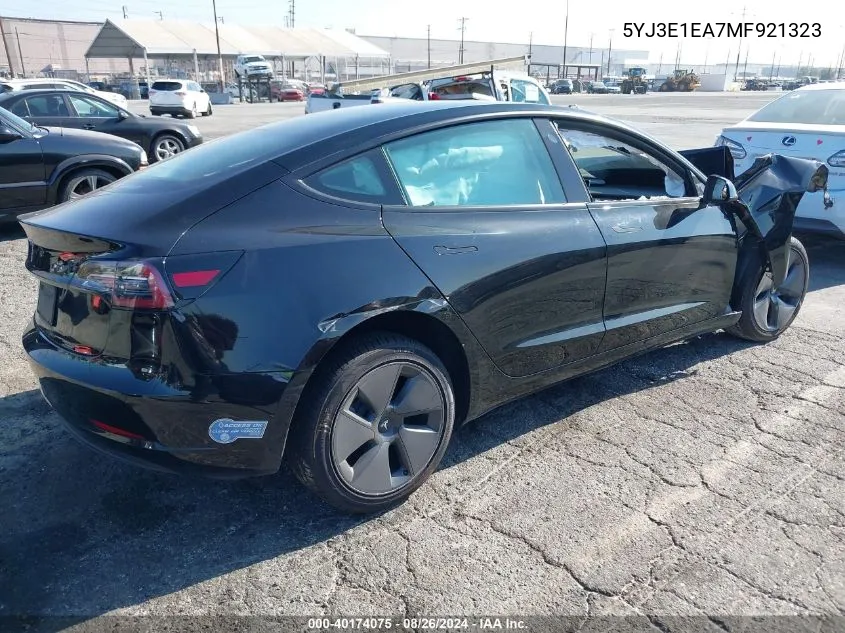 2021 Tesla Model 3 Standard Range Plus Rear-Wheel Drive VIN: 5YJ3E1EA7MF921323 Lot: 40174075