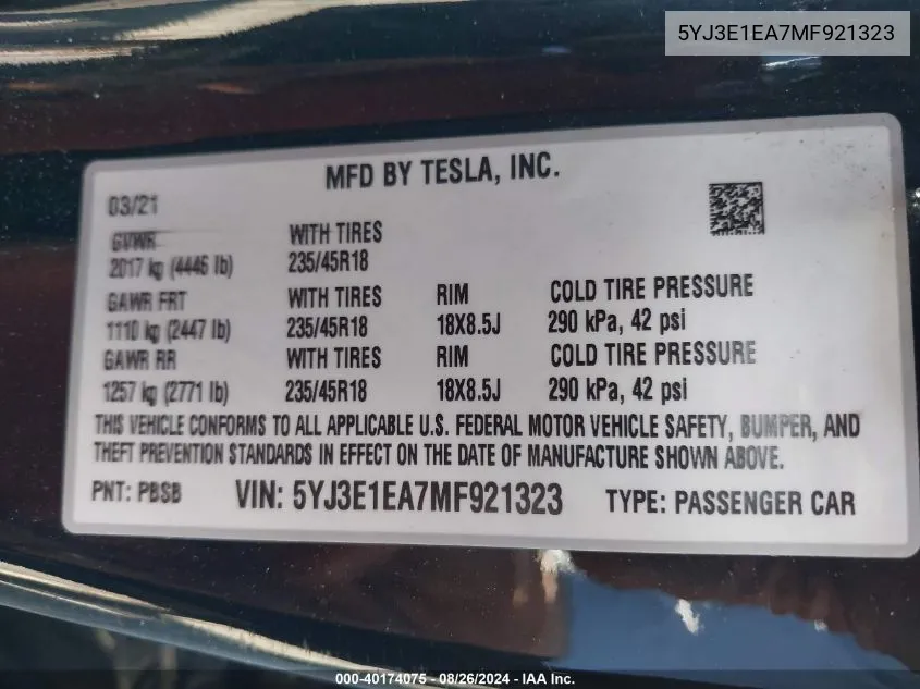 2021 Tesla Model 3 Standard Range Plus Rear-Wheel Drive VIN: 5YJ3E1EA7MF921323 Lot: 40174075