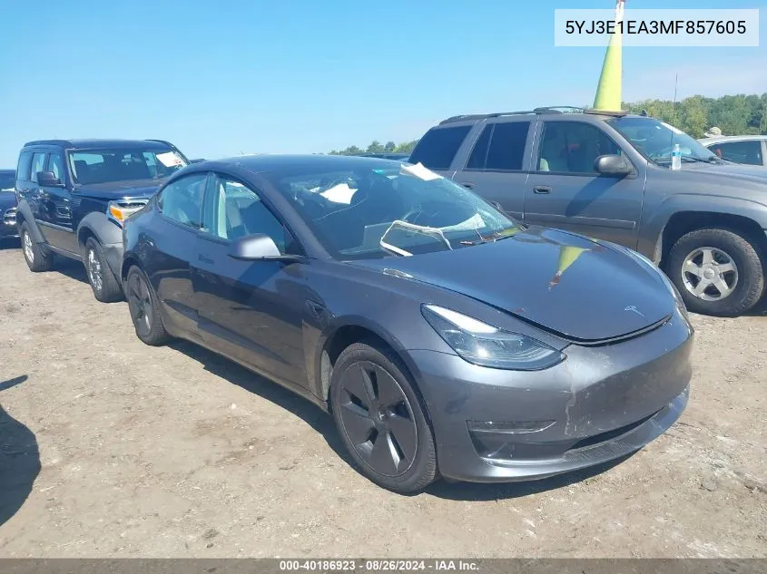 2021 Tesla Model 3 Standard Range Plus Rear-Wheel Drive VIN: 5YJ3E1EA3MF857605 Lot: 40186923