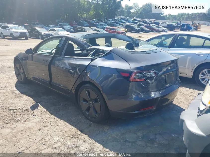 2021 Tesla Model 3 Standard Range Plus Rear-Wheel Drive VIN: 5YJ3E1EA3MF857605 Lot: 40186923