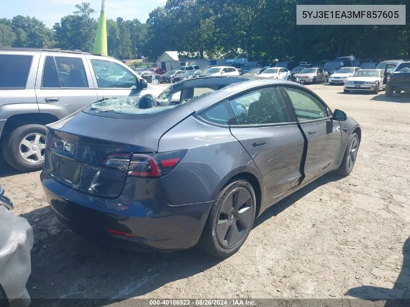 2021 Tesla Model 3 Standard Range Plus Rear-Wheel Drive VIN: 5YJ3E1EA3MF857605 Lot: 40186923