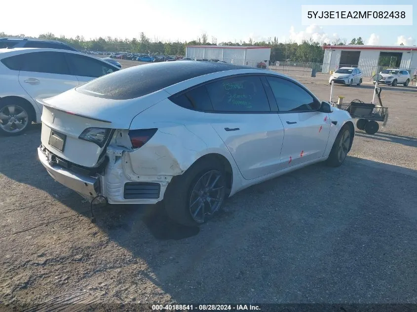 2021 Tesla Model 3 Standard Range Plus Rear-Wheel Drive VIN: 5YJ3E1EA2MF082438 Lot: 40188541