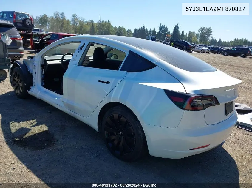 5YJ3E1EA9MF870827 2021 Tesla Model 3 Standard Range Plus Rear-Wheel Drive