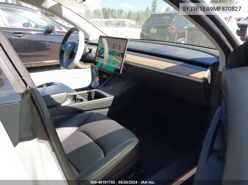 2021 Tesla Model 3 Standard Range Plus Rear-Wheel Drive VIN: 5YJ3E1EA9MF870827 Lot: 40191702