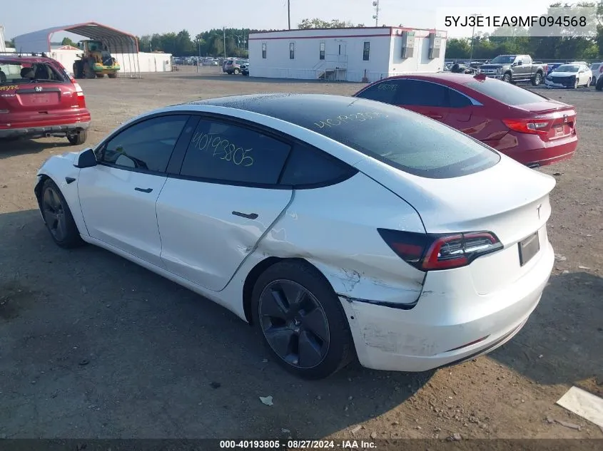 2021 Tesla Model 3 Standard Range Plus Rear-Wheel Drive VIN: 5YJ3E1EA9MF094568 Lot: 40193805