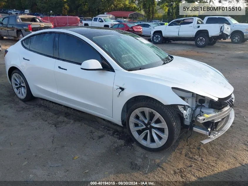 2021 Tesla Model 3 Long Range Dual Motor All-Wheel Drive VIN: 5YJ3E1EB0MF015510 Lot: 40194315