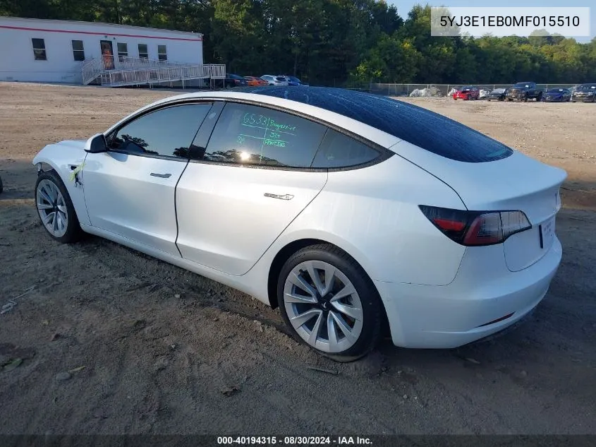 2021 Tesla Model 3 Long Range Dual Motor All-Wheel Drive VIN: 5YJ3E1EB0MF015510 Lot: 40194315