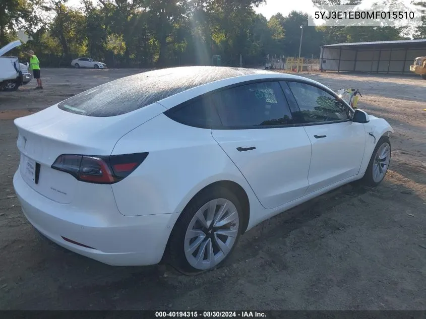 2021 Tesla Model 3 Long Range Dual Motor All-Wheel Drive VIN: 5YJ3E1EB0MF015510 Lot: 40194315