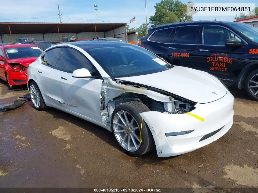 2021 Tesla Model 3 Long Range Dual Motor All-Wheel Drive VIN: 5YJ3E1EB7MF064851 Lot: 40195218