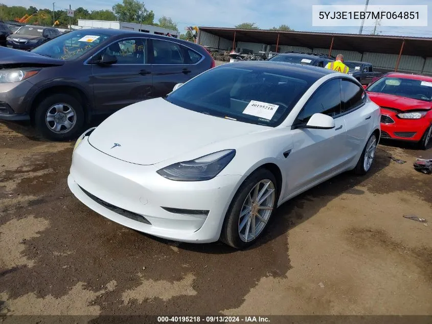 2021 Tesla Model 3 Long Range Dual Motor All-Wheel Drive VIN: 5YJ3E1EB7MF064851 Lot: 40195218