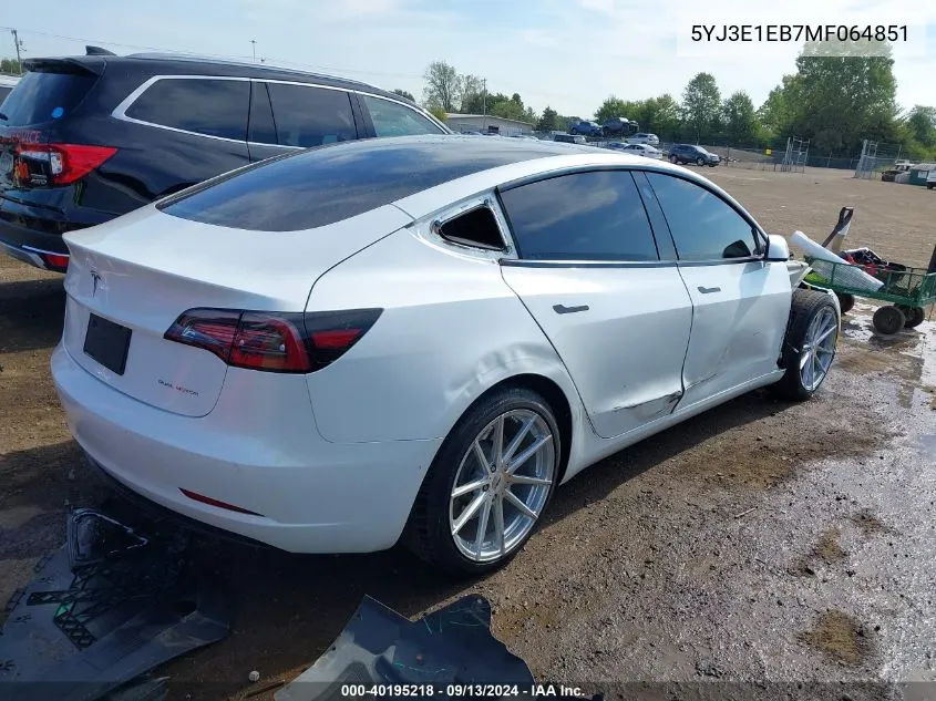 2021 Tesla Model 3 Long Range Dual Motor All-Wheel Drive VIN: 5YJ3E1EB7MF064851 Lot: 40195218