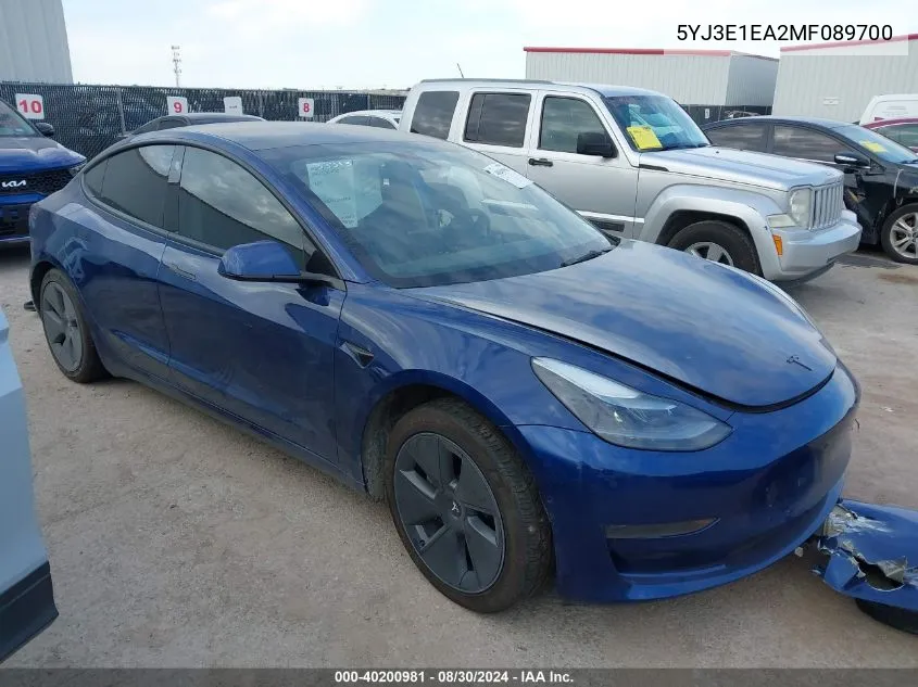 2021 Tesla Model 3 Standard Range Plus Rear-Wheel Drive VIN: 5YJ3E1EA2MF089700 Lot: 40200981