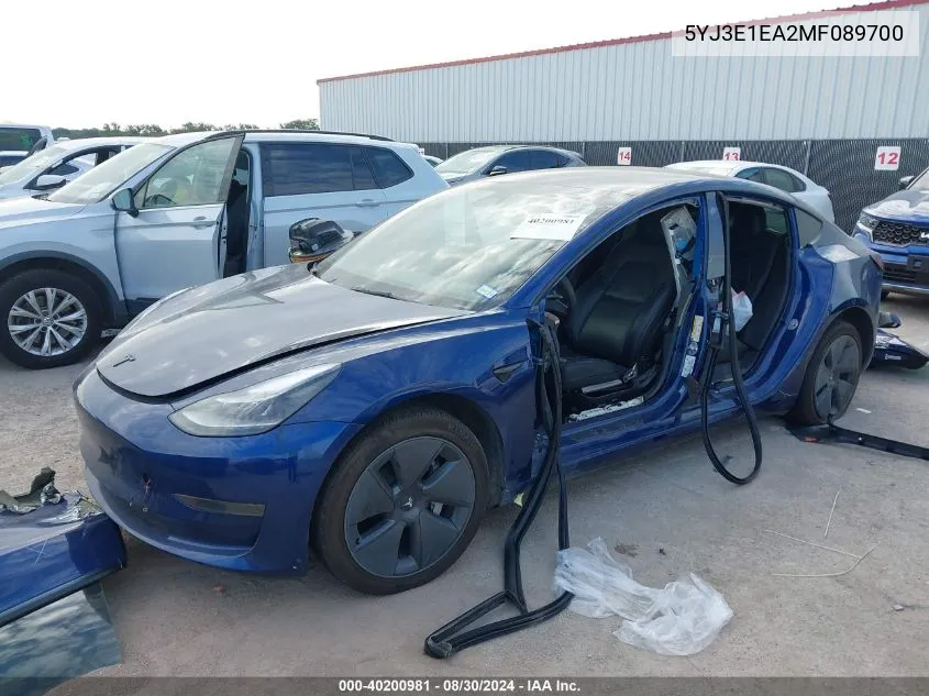 2021 Tesla Model 3 Standard Range Plus Rear-Wheel Drive VIN: 5YJ3E1EA2MF089700 Lot: 40200981