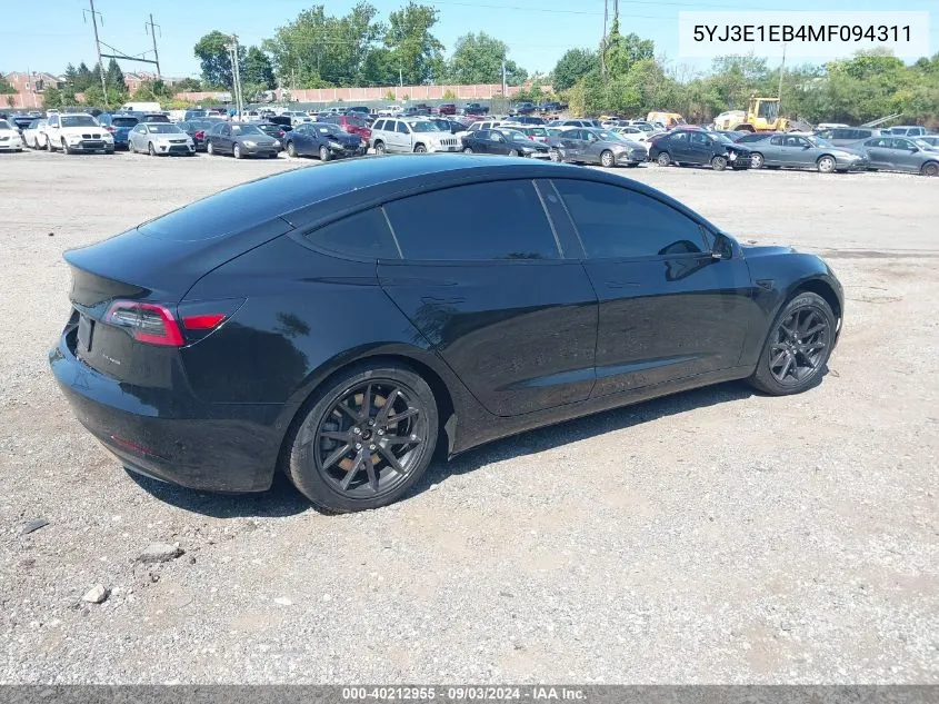 2021 Tesla Model 3 Long Range Dual Motor All-Wheel Drive VIN: 5YJ3E1EB4MF094311 Lot: 40212955