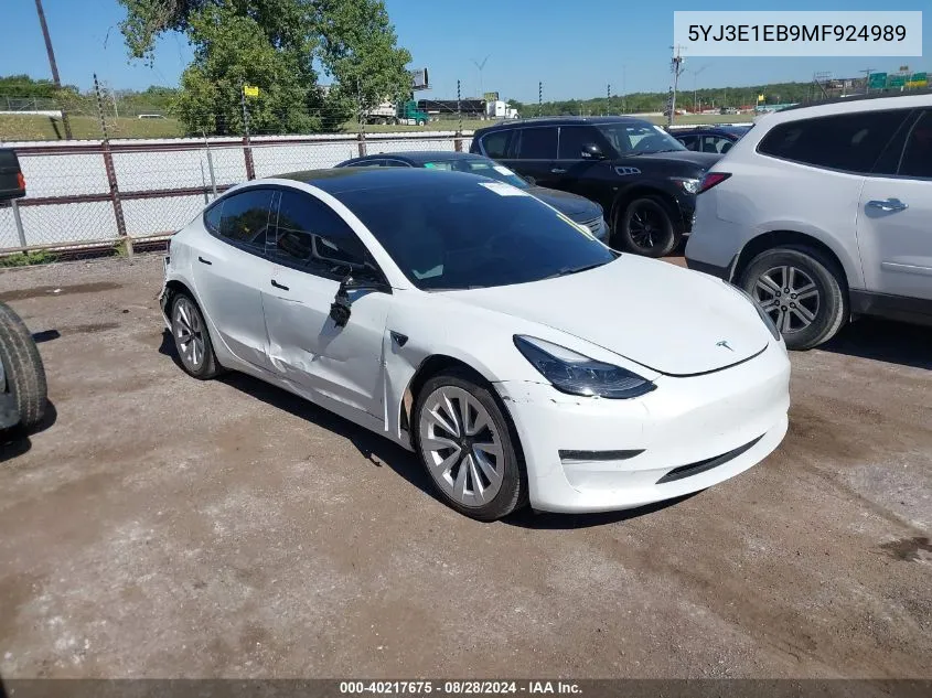 2021 Tesla Model 3 Long Range Dual Motor All-Wheel Drive VIN: 5YJ3E1EB9MF924989 Lot: 40217675