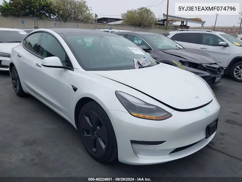 2021 Tesla Model 3 Standard Range Plus Rear-Wheel Drive VIN: 5YJ3E1EAXMF074796 Lot: 40224801