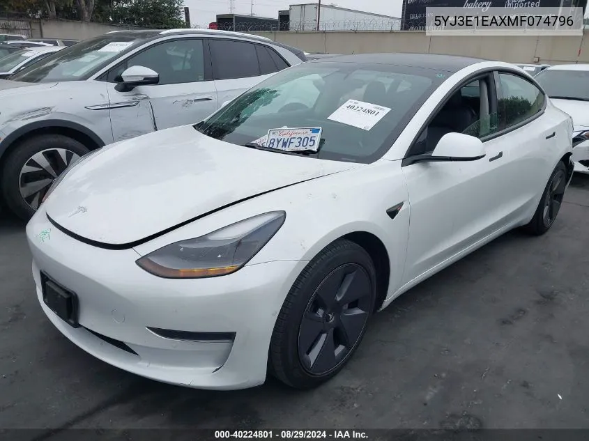 2021 Tesla Model 3 Standard Range Plus Rear-Wheel Drive VIN: 5YJ3E1EAXMF074796 Lot: 40224801