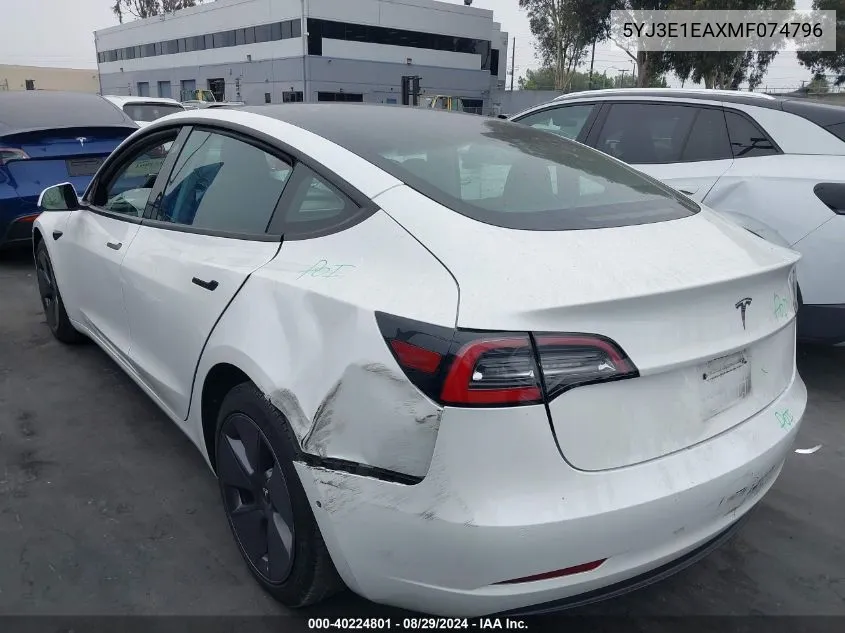 2021 Tesla Model 3 Standard Range Plus Rear-Wheel Drive VIN: 5YJ3E1EAXMF074796 Lot: 40224801