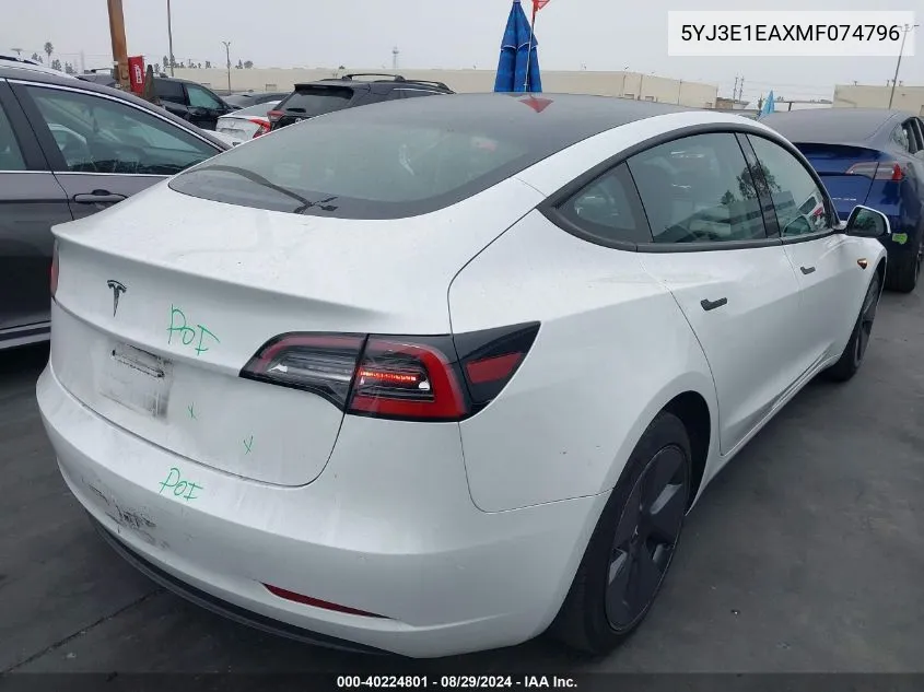 2021 Tesla Model 3 Standard Range Plus Rear-Wheel Drive VIN: 5YJ3E1EAXMF074796 Lot: 40224801