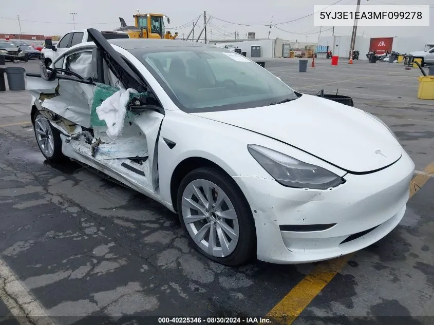 2021 Tesla Model 3 Standard Range Plus Rear-Wheel Drive VIN: 5YJ3E1EA3MF099278 Lot: 40225346