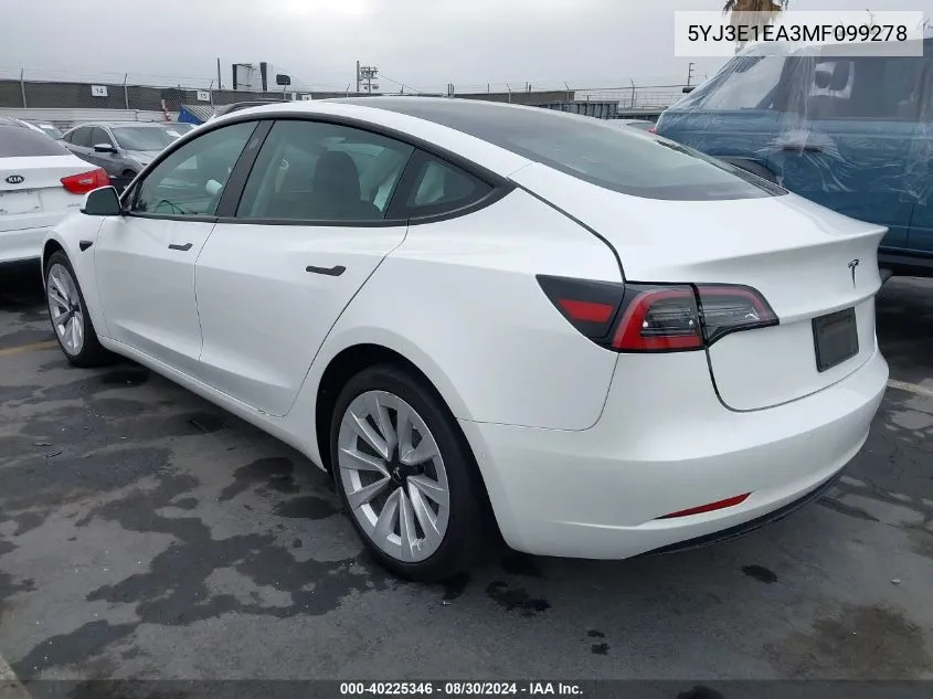 5YJ3E1EA3MF099278 2021 Tesla Model 3 Standard Range Plus Rear-Wheel Drive