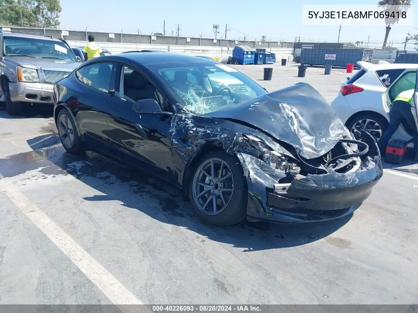 2021 Tesla Model 3 Standard Range Plus Rear-Wheel Drive VIN: 5YJ3E1EA8MF069418 Lot: 40226093