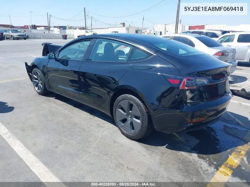 2021 Tesla Model 3 Standard Range Plus Rear-Wheel Drive VIN: 5YJ3E1EA8MF069418 Lot: 40226093