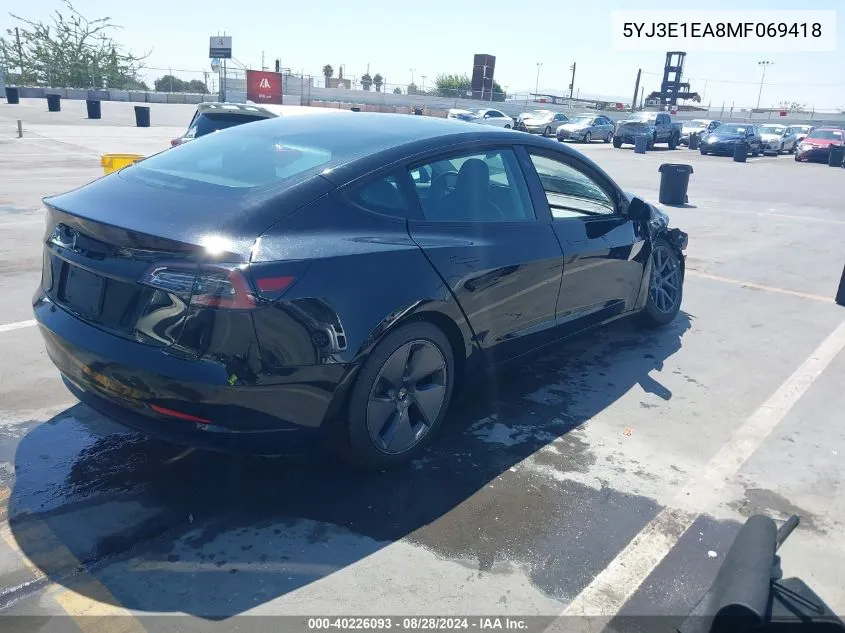 2021 Tesla Model 3 Standard Range Plus Rear-Wheel Drive VIN: 5YJ3E1EA8MF069418 Lot: 40226093