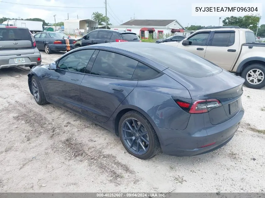 2021 Tesla Model 3 Standard Range Plus Rear-Wheel Drive VIN: 5YJ3E1EA7MF096304 Lot: 40252607