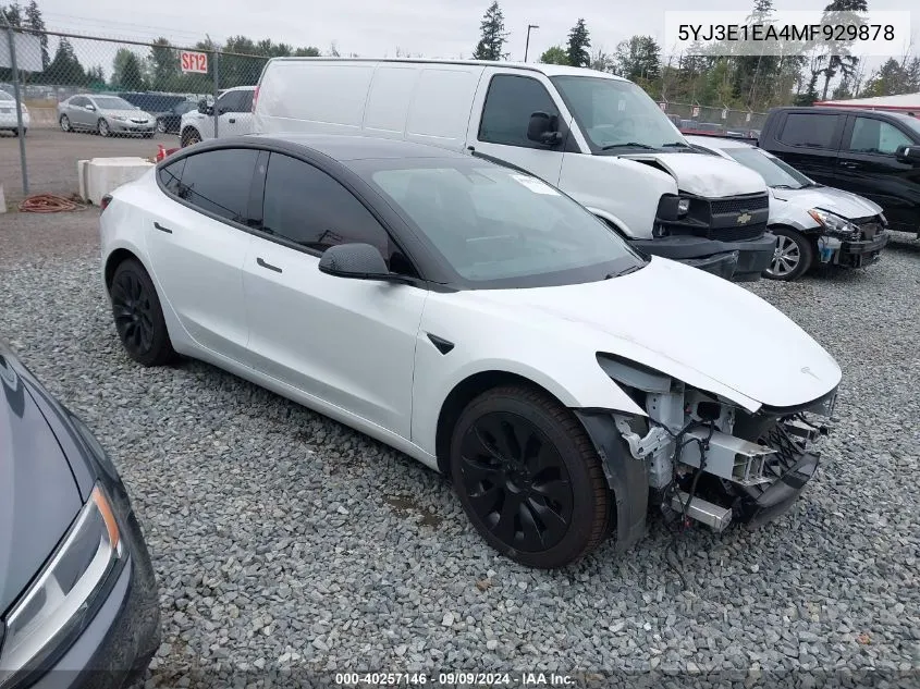 2021 Tesla Model 3 Standard Range Plus Rear-Wheel Drive VIN: 5YJ3E1EA4MF929878 Lot: 40257146