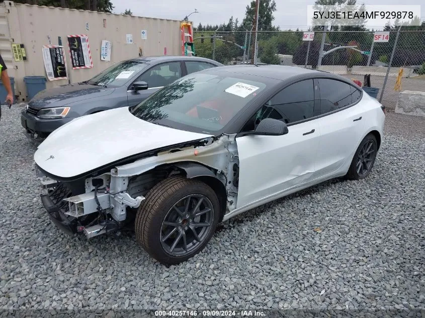 2021 Tesla Model 3 Standard Range Plus Rear-Wheel Drive VIN: 5YJ3E1EA4MF929878 Lot: 40257146