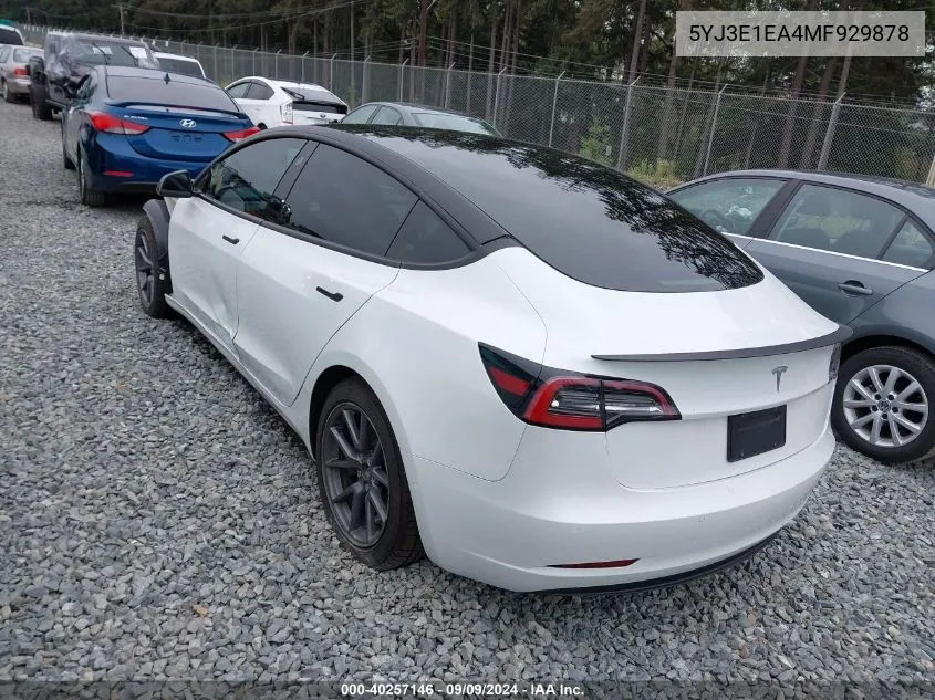 2021 Tesla Model 3 Standard Range Plus Rear-Wheel Drive VIN: 5YJ3E1EA4MF929878 Lot: 40257146