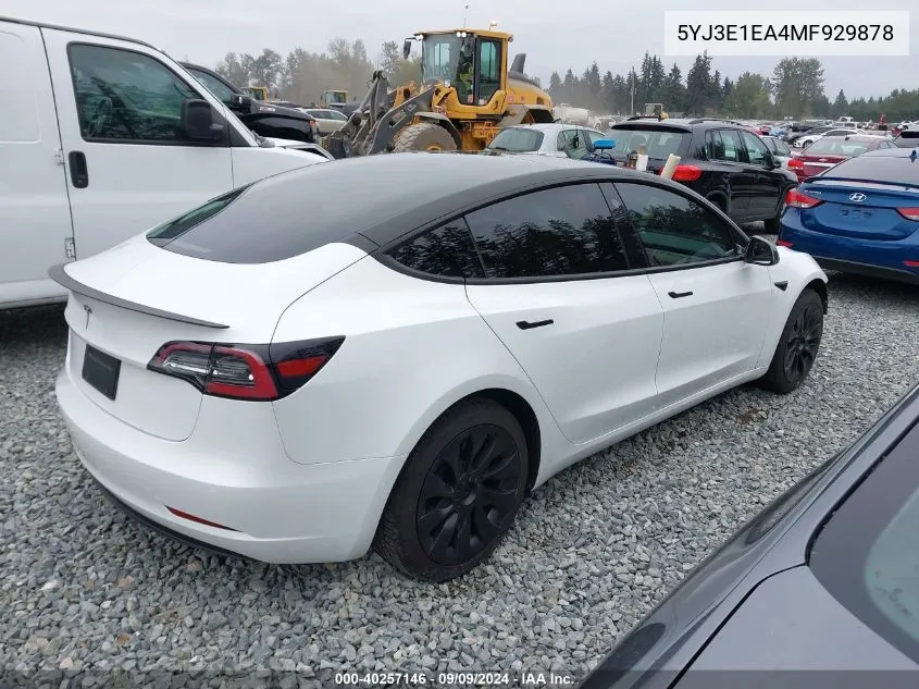 2021 Tesla Model 3 Standard Range Plus Rear-Wheel Drive VIN: 5YJ3E1EA4MF929878 Lot: 40257146