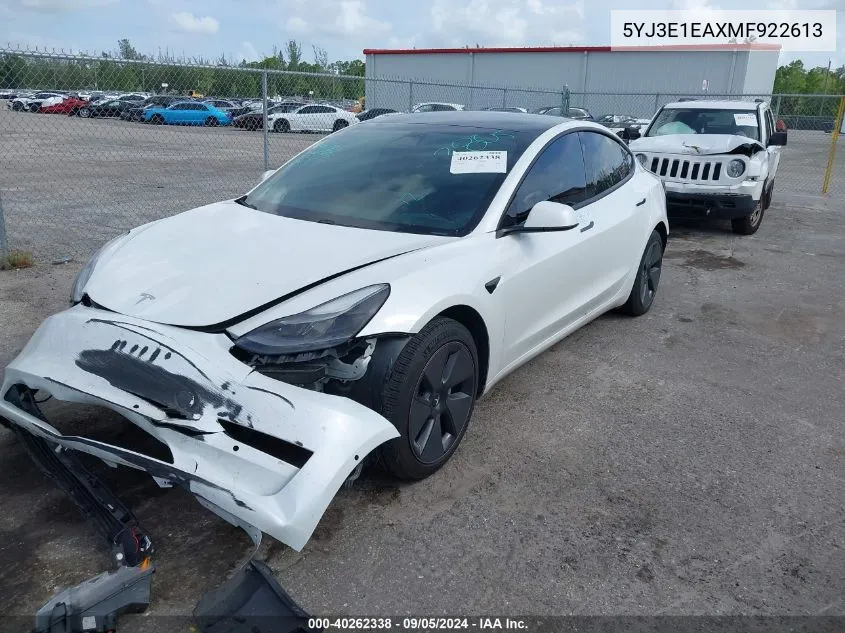 2021 Tesla Model 3 Standard Range Plus Rear-Wheel Drive VIN: 5YJ3E1EAXMF922613 Lot: 40262338